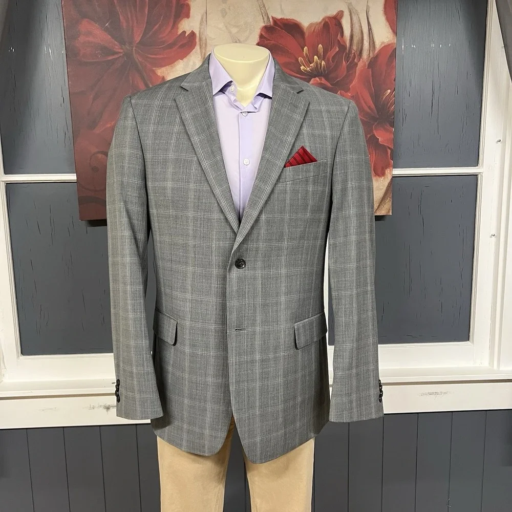 Tommy Hilfiger Suit Mens 42L Long Wool Blend Stretch Pants 36x31 Gray Plaid